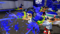 Promotional image of an Inkling girl, second from the right, wearing the Black Squideye, firing a Splattershot.