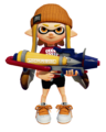 A female Inkling wearing the Red Vector Tee, holding a Splattershot Pro.