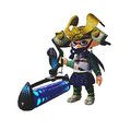 Promotional image of an Inkling boy wearing the Samurai gear and holding the Hero Roller Replica.