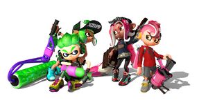 The two main promotional Inklings for Splatoon 2 next to the two promotional Octolings