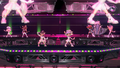 Group synchronized pose as the Squid Sisters are in the lead