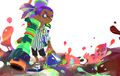 Official art of a male Inkling wearing the Blue Lo-Tops, holding an Inkzooka and a Splat Bomb.
