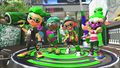 Inkling Girl on the left wearing the Inkopolis Squaps Jersey