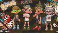 An Octoling (second from left) wearing the Twisty Headband in a promo for FrostyFest gear.