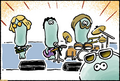 A Mellow Squid 4-Panel Comic featuring elongated versions of the Mahi-Mahi Resort performers