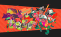 Mr. Grizz's statue in 2D artwork for Salmon Run, alongside Salmonids and Inklings