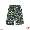 Black kids shorts with ink splats, squid and octopus icons sold by Uniqlo.