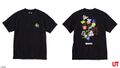 Front and back of a T-Shirt featuring various graffiti and logos from Splatoon 3 sold by Uniqlo.