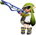 A female Inkling wearing the Black Arrowbands takes aim with a Squiffer.
