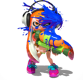 An orange female Inkling getting hit with blue ink
