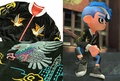 Real life Birded Corduroy Jacket by KOG, as well as an Octoling wearing the in game jacket.