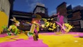 Team SpongeBob vs. Team Patrick battling each other in the Splatfest in the Turf War mode.