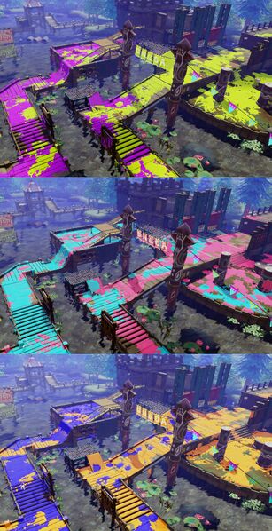 File:Splatoon pre-release - Camp Triggerfish painted with different colors.jpg