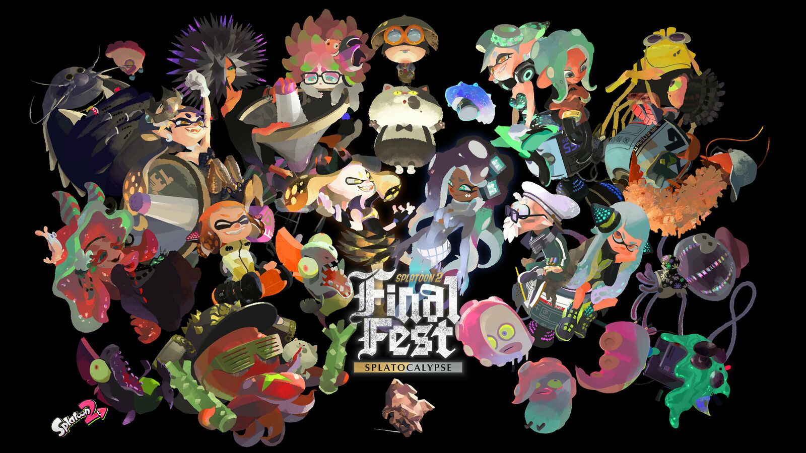 	Official promo artwork for the Final Fest (Chaos vs. Order). Callie, DJ Octavio, Pearl, Salmonids, Agent 4 and others on one side for Chaos, with Marie, Commander Tartar, Agent 3, Agent 8, Marina and others on the other side for Order. In the middle the words Final Fest: Splatocalypse are written in silvery blue and gold.