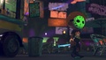 An Octoling wearing the Hockey Mask next to the Crust Bucket during Splatoween.