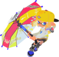 Art of a female Inkling wearing the Gray Hoodie, holding a Splat Brella.