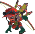 An Octoling in uniform, holding the Tri-Stringer
