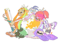 Promo art with a female Inkling (left) wearing the White Seahorses, holding an E-liter 3K Scope.