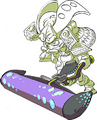 Official art of an Inkling wearing the Samurai Gear, holding a Hero Roller Replica.
