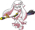 An official line art of an Inkling girl wearing the school uniform set, holding a Hero Charger Replica.