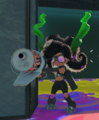 A Fuzzy Elite Octoling holding a Blaster