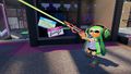 A female Inkling wearing the Green Rain Boots aims a Fresh Squiffer.