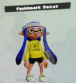 An Inkling wearing SquidForce headgear and clothing, with the logo on the Squidmark Sweat.