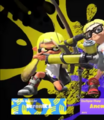 An image of an Inkling doing the Flip Out emote with the Tri-Stringer after winning a battle.