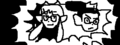 The heads of Inkling girl and Inkling boy on a patterened background