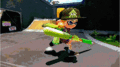 An Inkling running with the Splat Charger at an early version of Blackbelly Skatepark.