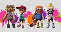 A female Inkling (far left) wearing the Octoglasses