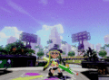 An Inkling girl wearing the FishFry Visor, holding a Splat Charger.