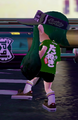 Another female Inkling wearing the FishFry Visor, from the back.