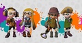 A male Inkling (far left) wearing the Noise Cancelers.