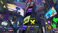 The jumbotrons outside the lobby on the first day of a special Splatfest, with the one above The Shoal displaying the advertisements specific to the Splatfest, and the other displaying shots of Deep Cut on their floats.