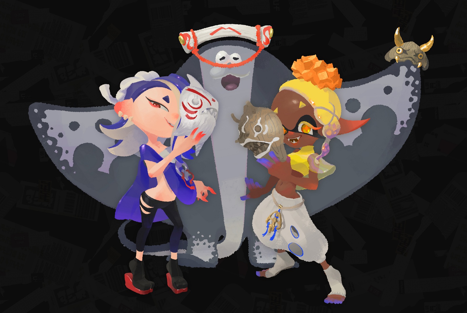 An illustration of Deep Cut. Shiver is on the left, in their typical splatsville attire. They are holding a white mask made of wood, reminiscent of a shark. Big Man stands in the middle. He is also holding a wooden mask, but his looks like a manta ray. Frye stands on the far right, holding a wooden mask which looks like an eel.