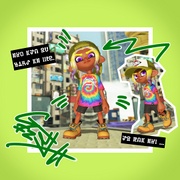 Another image featuring an Octoling demoing the styles of the Takoroka Rainbow Tie Dye and Zekko Mesh.