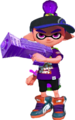 Another Inkling boy wearing the FishFry Visor, posing with a Splattershot Jr.