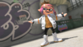 An Inkling wearing Side Order Pearl's amiibo gear set, from Side Order Off The Hook's gear sets' reveal trailer.