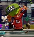 Another male Inkling wearing the Choco Clogs, from the back.