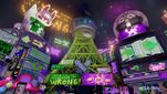 Inkopolis Tower and the sky above decorated with Miiverse posts during the Water Slides vs. Roller Coasters Splatfest.