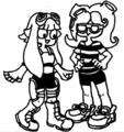 Official art of an Octoling trying out clothes with an Inkling.