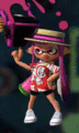 A female Inkling wearing the Logo Aloha Shirt, spinning a Slosher on her finger.