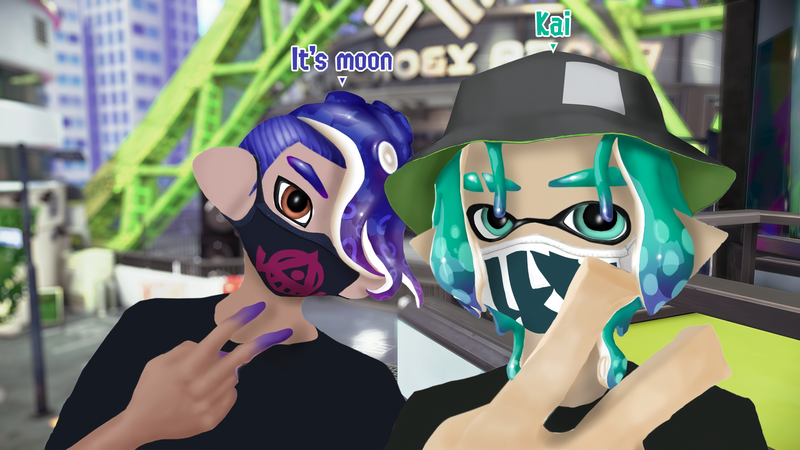 Moon and their friend Kai hanging out in Inkopolis Plaza.