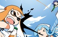 Squid Girl shooting ink at an Inkling girl with her mouth.