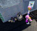 An Inkling with an Inkbrush looking at some items left around Hammerhead Bridge.
