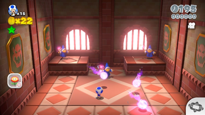 Magikoopas will warp around the stage after shooting. Hit them when they pop back up!