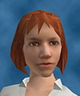 Zoe Female Townie. Red hair, wears a short skirt and white t-shirt.