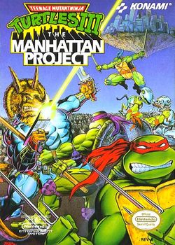 Box artwork for Teenage Mutant Ninja Turtles III: The Manhattan Project.