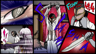 (3) The mastermind raises the knife and (4) Kyoko opens the door to find the mastermind.